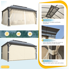 EROMMY 12' x 16' Hardtop Permanent Outdoor Aluminum Patio Gazebo, Double Roof for Patio Lawn and Garden, Curtains and Netting Included-Erommy