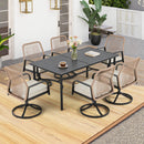 EROMMY 7-Piece Outdoor Dining Set, 6 Swivel Rattan Chairs with Thick Removable Cushions, Rectangular Dining Table with Umbrella Hole