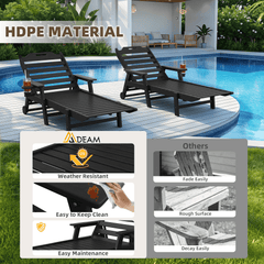 EROMMY 22" W Oversized Chaise Lounge Chairs, Adjustable HDPE Outdoor Chairs with Wheels & Cup Holder, Black