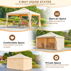 Erommy 12' x 12' Outdoor Canopy Gazebo, Double Roof Patio Gazebo Steel Frame with Netting and Shade Curtains for Garden,Patio,Party Canopy, Beige