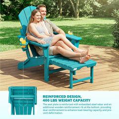 EROMMY 3-Level Adjustable Adirondack Chair with Retractable Ottoman, Folding HDPE Outdoor Chair with Cup Holders, Aruba Blue