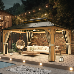 EROMMY Hardtop Gazebo 12'x16', Wood Gazebo with Black Double Polycarbonate Hardtop Roof, Outdoor Gazebo for Garden, Backyard Shade Permanent Canopy-Erommy