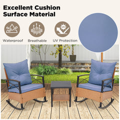 EROMMY 3-Piece Outdoor Bistro Set, Rattan Rocking Chairs with Cushions & Coffee Table-Erommy