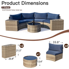 EROMMY Outdoor Patio Furniture Set, 7-Piece Half-Moon Wicker Patio Sofa Set with Storage Table, Blue