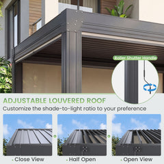 EROMMY 10' x 12' Louvered Pergola with Pull-Down Screens, Aluminum Outdoor Pergola with Retractable Roof for Patios, Decks & Backyards, Black