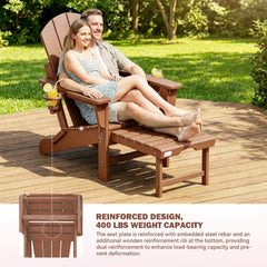 EROMMY 3-Level Adjustable Adirondack Chair with Retractable Ottoman, Folding HDPE Outdoor Chair with Cup Holders, Teak