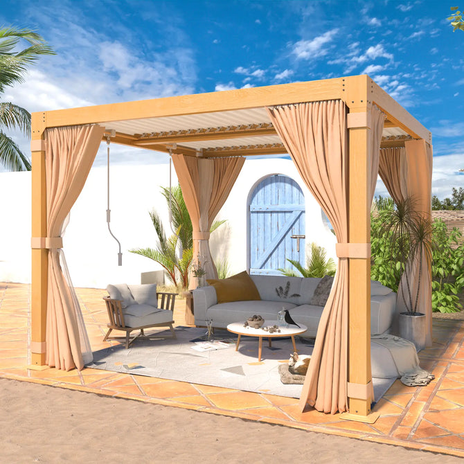 Erommy wood grain pergola with adjustable louvered roof, flowing curtains, and outdoor lounge seating on a sunny patio