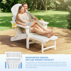EROMMY 3-Level Adjustable Adirondack Chair with Retractable Ottoman, Folding HDPE Outdoor Chair with Cup Holders, White