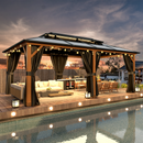 EROMMY 12' x 20' Hardtop Gazebo, Faux Wood Grain Aluminum Outdoor Gazebo, Polycarbonate Double Roof, Curtains and Netting, Permanent Gazebo-Erommy