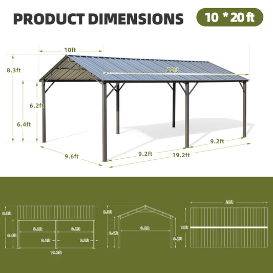 EROMMY 12 x 20 ft Carport with Galvanized Steel Roof - 12' x 20' x 8.6' Multi-Use Shelter, Sturdy Metal Carport for Cars, Boats, and Tractors