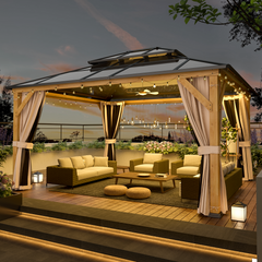 EROMMY 13' x 15' Hardtop Gazebo, Wood Outdoor Gazebo, Polycarbonate Double Roof, Netting and Curtains, Patio Gazebo-Erommy