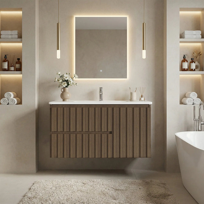 Erommy 36" Wall Mounted Single Bathroom Vanity With Ceramic Sink, Bathroom Vanity With Spacious Cabinet And 2 Soft-close Drawers, Brown