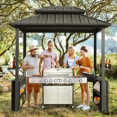EROMMY Grill Gazebo 8 x 6 FT, Outdoor Barbecue Gazebo with Double Galvanized Steel Roof, Aluminum Grill Canopy with Shelves and Bars for Patio, Lawn, Garden