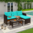EROMMY 3 Piece Outdoor Patio Furniture Set, All-Weather PE Rattan Sofa Set with Glass Table & Cushions, Blue