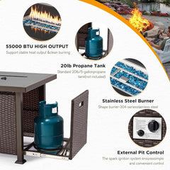 EROMMY 44 in Patio Propane Gas Fire Pit Table with Glass Wind Guard, Dark Brown-Erommy