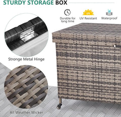 EROMMY 240 Gallon Wicker Deck Box with Wheels, Outdoor Storage Box with Liner Patio Waterproof Deck Storage Box Wicker Chest Storage Trunk Rattan Pool Container for Garden, Balcony, Yard, Grey