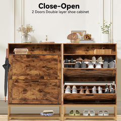 Shoe racks with 2 flip drawers and open storage, brown | erommy