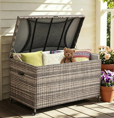EROMMY 240 Gallon Wicker Deck Box with Wheels, Outdoor Storage Box with Liner Patio Waterproof Deck Storage Box Wicker Chest Storage Trunk Rattan Pool Container for Garden, Balcony, Yard, Grey