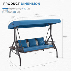 EROMMY 3-Person Outdoor Wicker Porch Swing Bed for Patio Blue-Erommy