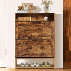 EROMMY Shoe Racks with 2 Flip Drawers and Open Storage, Brown-Erommy