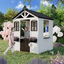 Erommy Wooden Playhouse for Kids, Outdoor Garden Cottage with Door, Windows, Service Station, Flower Pot Holder, for 3-7 Years Old-Erommy
