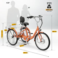 EROMMY Electric Trike for Adults,Peak 500W Brushless Motor, E-Trike with 24" x 2" Tires, Removable Battery, Charger,Step-Thru 3-Wheel Electric Bicycle, Up to 55 Miles Range, 15.5MPH+ Speed, Orange