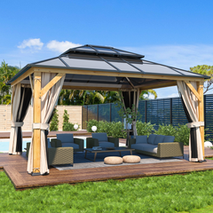 EROMMY 13' x 15' Hardtop Gazebo, Wood Outdoor Gazebo, Polycarbonate Double Roof, Netting and Curtains, Patio Gazebo-Erommy