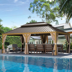 Erommy hardtop gazebo with a double roof, draped curtains, and outdoor seating beside a swimming pool in a sunny backyard setting