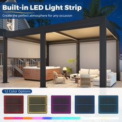 EROMMY 12' x 16' Outdoor Pergola with LED Lights, Aluminum Gazebo with Motorized Louvers & Side Screens for Patio, Backyard & Poolside, Black