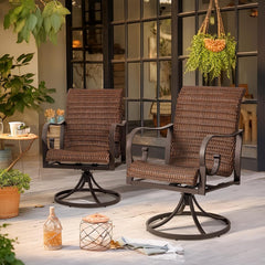 EROMMY Patio Swivel Chairs Set of 2, Heavy Duty Outdoor Dining Chair with 23.5'' High Back, Extra-Large Water-Fall Seat, Rattan Wicker Porch Chair, Dark Brown-Erommy