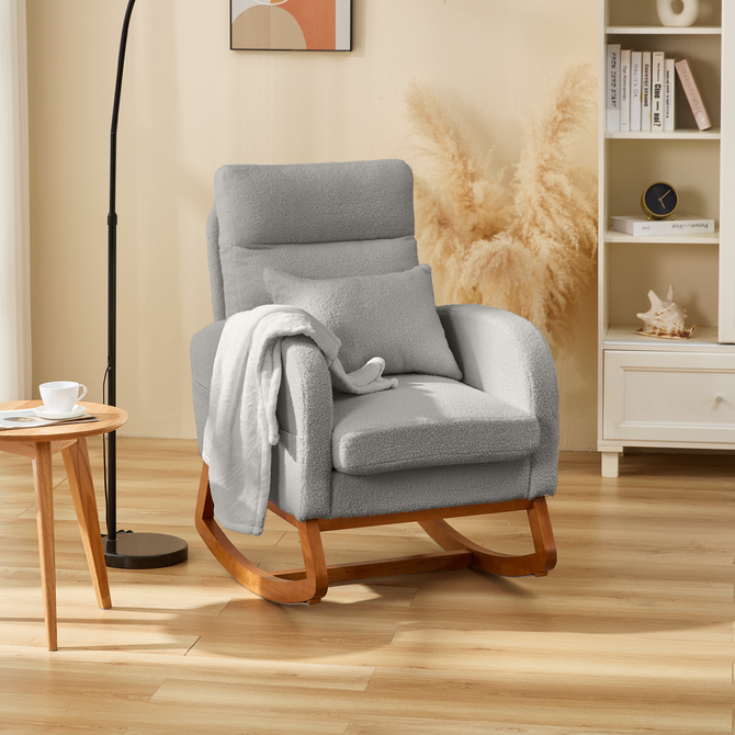 EROMMY Solid Wood Rocking Chair with Cushion & Blanket, Gray, High Legs-Erommy