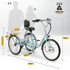 EROMMY Electric Trike for Adults,Peak 500W Brushless Motor, E-Trike with 24" x 2" Tires, Removable Battery, Charger,Step-Thru 3-Wheel Electric Bicycle, Up to 55 Miles Range, 15.5MPH+ Speed, Mint