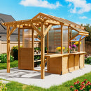 EROMMY 7x11 FT Spruce Wood Greenhouse with Pergola, Walk-in Polycarbonate Greenhouse Kit with Top-Hung Windows, Built-in Workstation and Staging Shelves for Backyard Garden