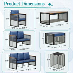 EROMMY 5-Piece Outdoor Sectional Patio Conversation Set with 3-seater sofa for Deck, Lawn, Blue-Erommy