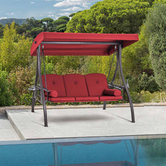 3-Seat outdoor patio swing with adjustable canopy and backrest, wine red | erommy furniture