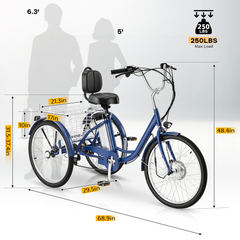 EROMMY Electric Trike for Adults,Peak 500W Brushless Motor, E-Trike with 24" x 2" Tires, Removable Battery, Charger,Step-Thru 3-Wheel Electric Bicycle, Up to 55 Miles Range, 15.5MPH+ Speed, Navy Blue