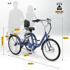 EROMMY Electric Trike for Adults,Peak 500W Brushless Motor, E-Trike with 24" x 2" Tires, Removable Battery, Charger,Step-Thru 3-Wheel Electric Bicycle, Up to 55 Miles Range, 15.5MPH+ Speed, Navy Blue