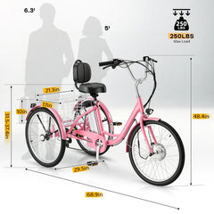 EROMMY Electric Trike for Adults,Peak 500W Brushless Motor, E-Trike with 24" x 2" Tires, Removable Battery, Charger,Step-Thru 3-Wheel Electric Bicycle, Up to 55 Miles Range, 15.5MPH+ Speed, Pink