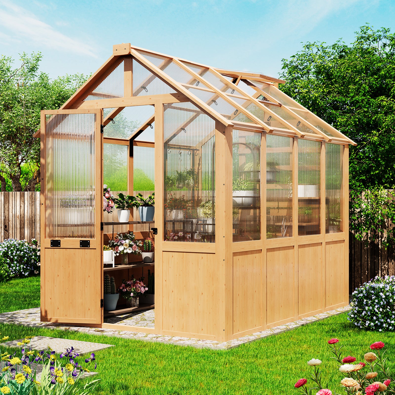 EROMMY 6x8 FT Wooden Greenhouse for Outdoors, Walk-in Greenhouse
