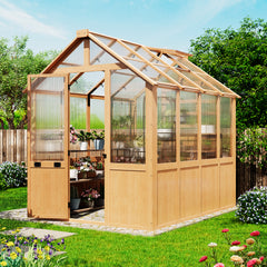 EROMMY 6x8 FT Wooden Greenhouse for Outdoors, Walk-in Greenhouse Kit with 4mm Polycarbonate Panels, Adjustable Roof Vent, Lockable Door, Outdoor Greenhouse for Backyard Garden
