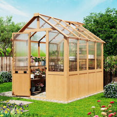 EROMMY 6x8 FT Wooden Greenhouse for Outdoors, Walk-in Greenhouse Kit with 4mm Polycarbonate Panels, Adjustable Roof Vent, Lockable Door, Outdoor Greenhouse for Backyard Garden
