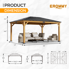 EROMMY 12' x 16' Wood Gazebo Spruce Solid Wooden Frame Pavilion Hardtop Asphalt Roof Canopy for Patio Lawn Garden Backyard-Erommy
