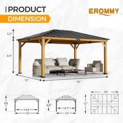 Erommy wood gazebo with a dark hardtop roof, sturdy open frame, and outdoor lounge furniture shown in a product feature graphic