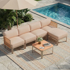 EROMMY 6-Piece Aluminum Outdoor Sectional Sofa Set with Ottoman, Cushions & Coffee Table, Beige