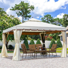 Erommy 10' x 12' Outdoor Canopy Gazebo, Double Roof Patio Gazebo Steel Frame with Netting and Shade Curtains for Garden, Patio, Party Canopy, Cream