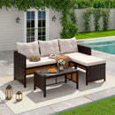 EROMMY 3 Piece Outdoor Patio Furniture Set, All-Weather PE Rattan Sofa Set with Glass Table & Cushions, Khaki