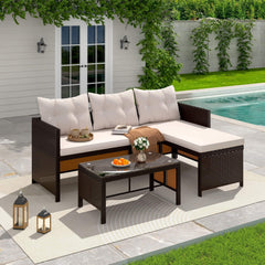 EROMMY 3 Piece Outdoor Patio Furniture Set, All-Weather PE Rattan Sofa Set with Glass Table & Cushions, Khaki