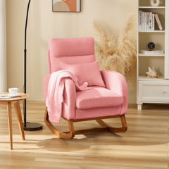 EROMMY Solid Wood Rocking Chair with Cushion & Blanket, Pink, High Legs-Erommy