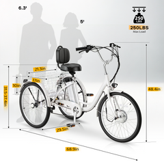 EROMMY Electric Trike for Adults,Peak 500W Brushless Motor, E-Trike with 24" x 2" Tires, Removable Battery, Charger,Step-Thru 3-Wheel Electric Bicycle, Up to 55 Miles Range, 15.5MPH+ Speed, White
