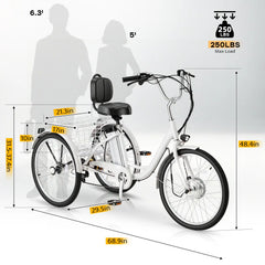 EROMMY Electric Trike for Adults,Peak 500W Brushless Motor, E-Trike with 24" x 2" Tires, Removable Battery, Charger,Step-Thru 3-Wheel Electric Bicycle, Up to 55 Miles Range, 15.5MPH+ Speed, White